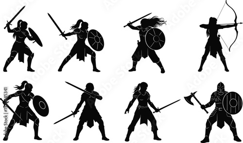 Warrior women silhouettes with swords shields and bow, fantasy medieval fighter characters vector illustration isolated on white background