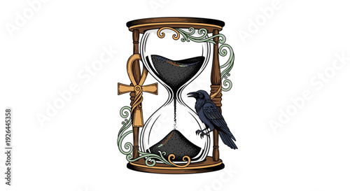 Ornate Hourglass with Cross and Raven.