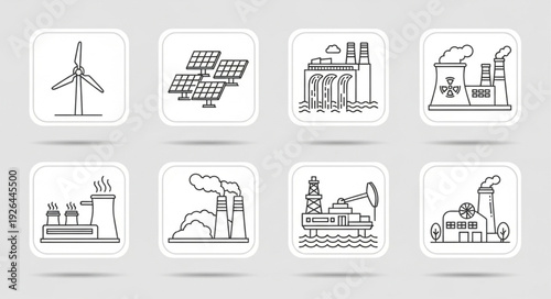 Various energy production methods and industrial facilities depicted in outline style.