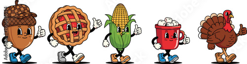 Set of retro cartoon Thanksgiving characters including acorn cherry pie corn cob hot cocoa and turkey, vintage harvest mascot illustration,