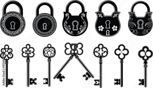 Vintage ornate padlock and antique skeleton keys vector set, decorative security lock icons in black silhouette illustration