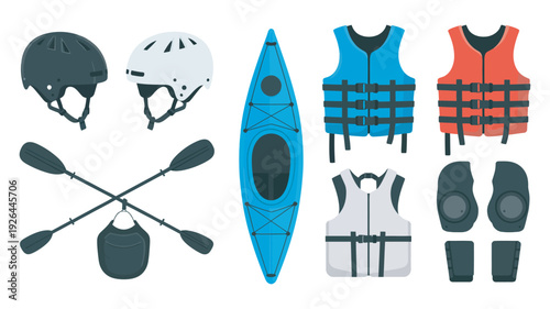 Essential Kayaking Gear Collection with Helmets, Paddles, and Safety Equipment, Rafting and Water Sport Essentials, Life Vest, Safety Gear Vector