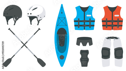 Essential Kayaking Gear Collection with Helmets, Paddles, and Safety Equipment, Life Vest, Raft, Outdoor Adventure, Water Sports Vector Illustration