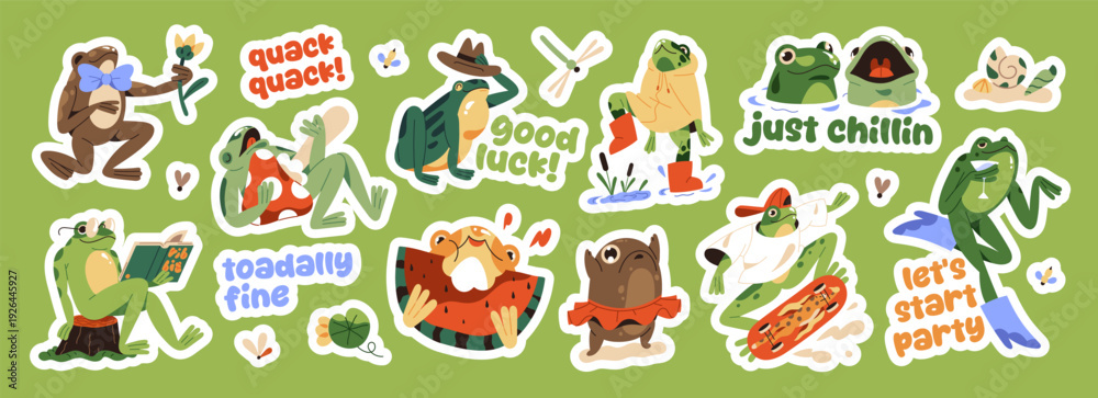 Fototapeta premium Sticker pack of funny frogs with comic phrases. Set of cute toads singing, dancing, croaking and reading. Happy froglets characters with flowers, skateboard. Flat isolated vector illustrations