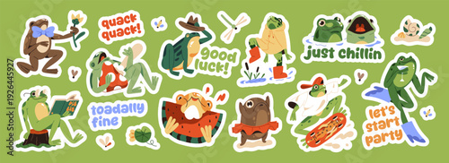 Sticker pack of funny frogs with comic phrases. Set of cute toads singing, dancing, croaking and reading. Happy froglets characters with flowers, skateboard. Flat isolated vector illustrations