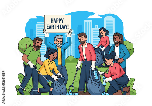 Community Cleanup Activity Earth Day Vector Illustration