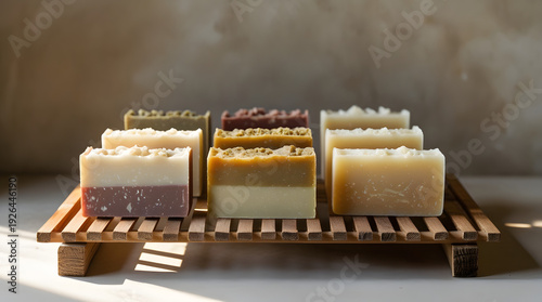 Handmade soap bars drying on a wooden rack with natural textures and soft daylight in a clean setting.