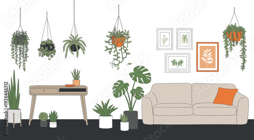 Modern living room interior with houseplants, cozy home decor and indoor garden illustration design