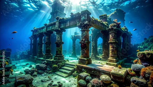 A mystical underwater scene featuring a weathered, ancient architectural structure bathed in sunbeams. Coral and fish