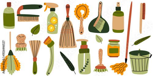 Eco Friendly Cleaning Tools. Vector set of eco friendly cleaning tools and natural household supplies. Perfect for zero waste lifestyle, sustainable living and home care concepts.