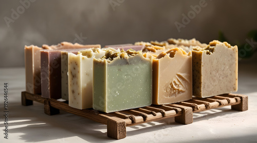 Handmade soap bars drying on a wooden rack with natural textures and soft daylight in a clean setting.