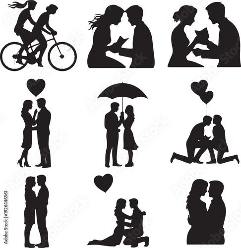 Black silhouettes of couples in love and romantic relationships