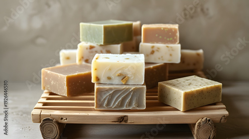 Handmade soap bars drying on a wooden rack with natural textures and soft daylight in a clean setting.