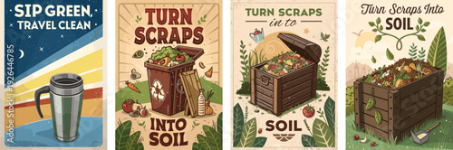 Eco-friendly illustrations promoting composting and sustainable practices.