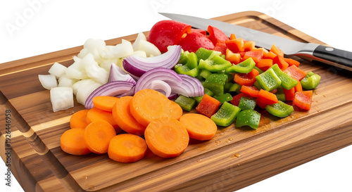 Chopped fresh vegetables on cutting board with knife for healthy meal preparation