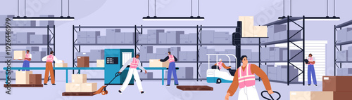 Loaders work in logistic warehouse. Storage workers in safety hardhats are loading boxes with forklift. People deliver cargo, freights in store for shipment and delivery. Flat vector illustration