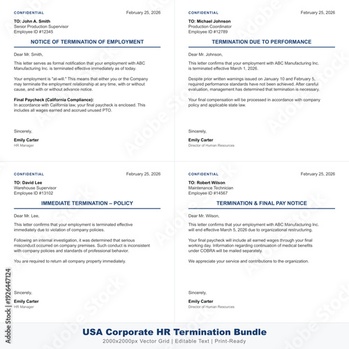 Corporate Employee Termination Letter Templates Bundle for HR Dept