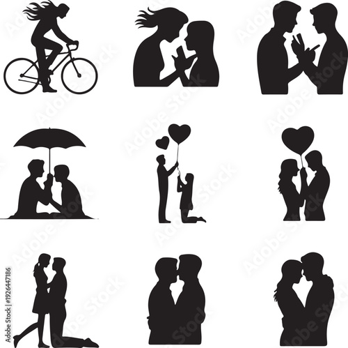 black silhouettes of couples in love and romantic relationships