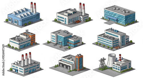 Collection of various industrial buildings and factories with different designs and structures.