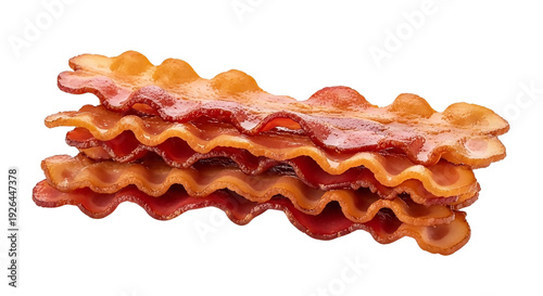 A close up view of crispy fried bacon strips stacked on top of each other