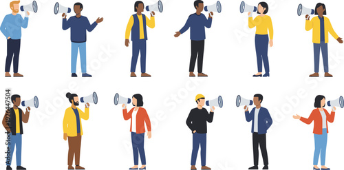 People Holding Megaphone Speaking Announcement Protest Vector Illustration Set