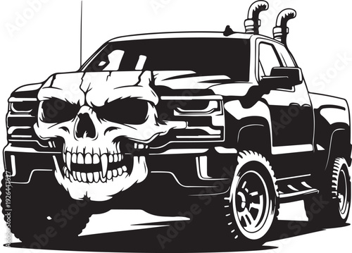 Black and white illustration of pickup truck with skull on front grille