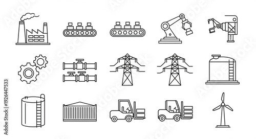 Industrial and manufacturing icons representing various aspects of production and infrastructure.