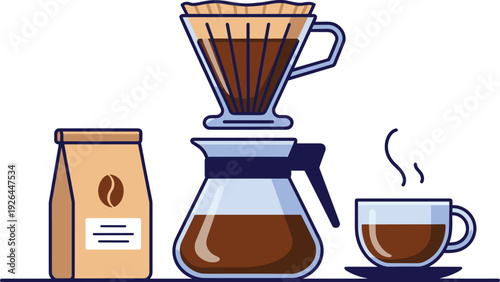 Pour over coffee maker with glass carafe cup and beans bag vector illustration design