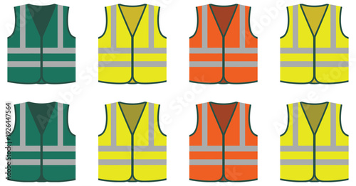 Safety Vest Vector Illustration Icon Set, High Visibility Personal Protective Equipment with Reflective Strips for Construction Worker and Road Safety Concepts.