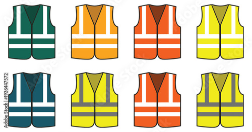 Safety Vest Vector Illustration Icon Set, High Visibility Personal Protective Equipment with Reflective Strips for Construction Worker and Road Safety Concepts.