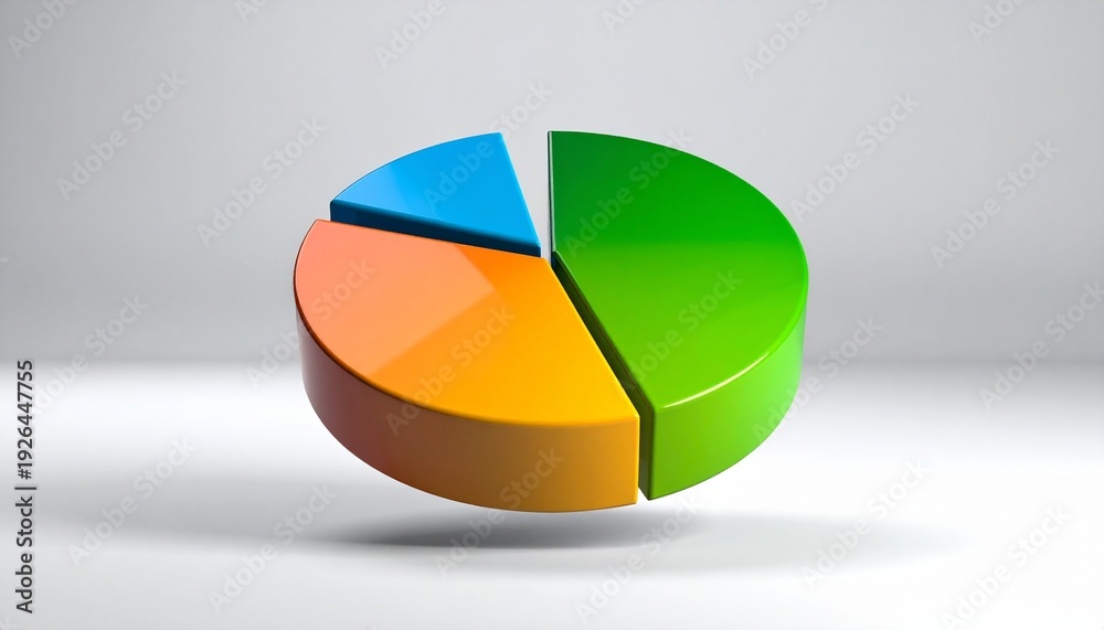 Fototapeta premium A vibrant 3D pie chart with three segments in blue, green, and orange, tilted for dynamic perspective