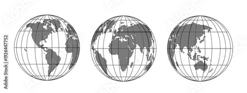 Dotted World Globe Map Set with Latitude Longitude Grid – Black and White Earth Hemisphere Vector Illustration