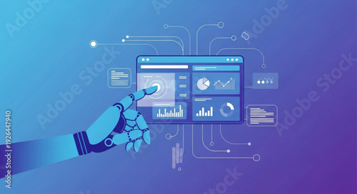 Robotic hand interacting with futuristic dashboard on blue gradient background with data visualization