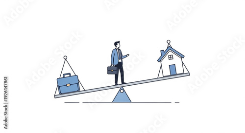 Balancing act businessman on a seesaw weighing career and home life symbolizing work life balance challenges decision making and personal priorities in a modern