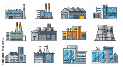 Collection of various industrial buildings and factories with different designs and structures.