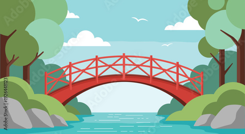 Red Arch Bridge Over River Nature Landscape Vector Illustration