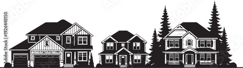 Black and white of three houses with trees architecture