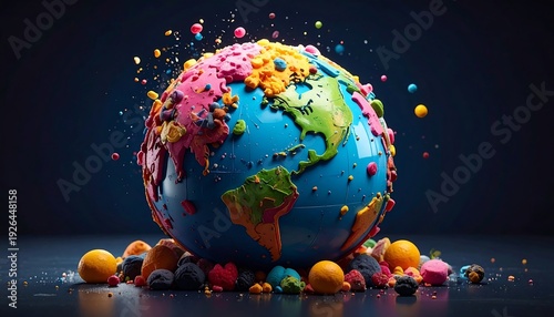 A vibrant artistic depiction of the Earth, adorned with colorful, playful, and textured geographical land masses and surrounded by scattered spheres