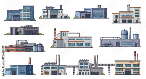 Collection of various industrial buildings and factories in different designs and styles.