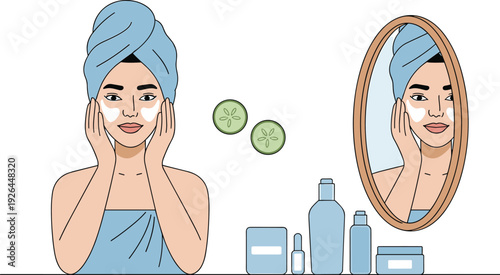 Woman applying facial cream mask, skincare routine beauty treatment illustration with cosmetic products and mirror