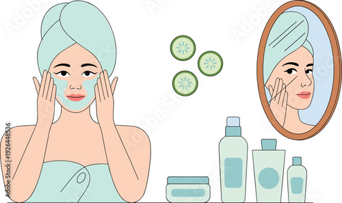 Woman applying facial mask with skincare products beauty routine self care spa vector illustration design