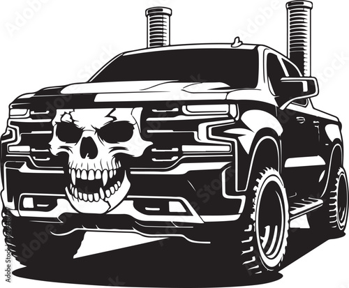 Black and white illustration of pickup truck with skull on grille  aggressive vehicle design
