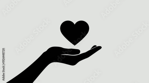 A dark silhouette of a hand gently holding a black heart shape above a neutral background