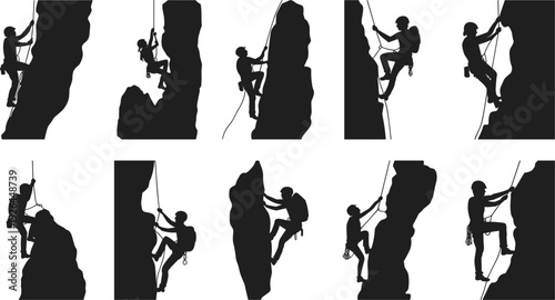 Silhouettes of Rock Climbers Ascending Steep Cliffs on White Background rock climbing
