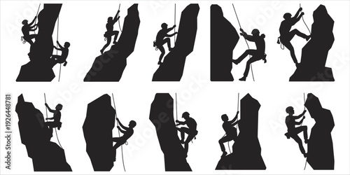 Silhouettes of Rock Climbers Ascending Steep Cliffs on White Background Keywords: rock climbing, climber, silhouette, cliff