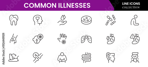 Common Illnesses line icons set. Common Illnesses outline icons with editable stroke collection. These Includes Breast Cancer, Depression, Brain Tumor, Allergy, Diabetes, and More.
