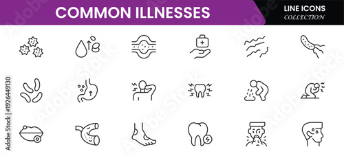 Common Illnesses line icons set. Common Illnesses outline icons with editable stroke collection. These Includes Breast Cancer, Depression, Brain Tumor, Allergy, Diabetes, and More.