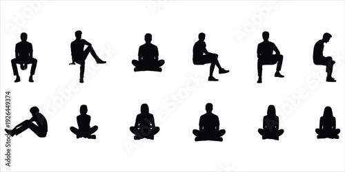 Diverse Silhouettes of People Sitting in Various Poses on White Background vector illustration