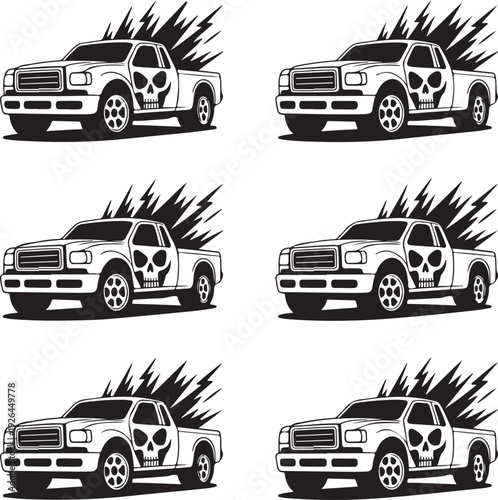 black and white pickup trucks with skull designs on doors and lightning bolts