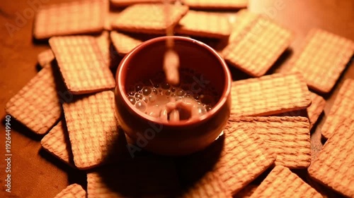 Close-up of traditional Indian tea with milk being poured into a rustic ceramic mug.authentic Indian style. Concept of comfort, hospitality, morning ritual, and traditional beverage.